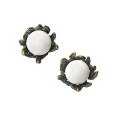 18ct Yellow Gold Vermeil, Verdigris Brass and White Agate Stud Earrings