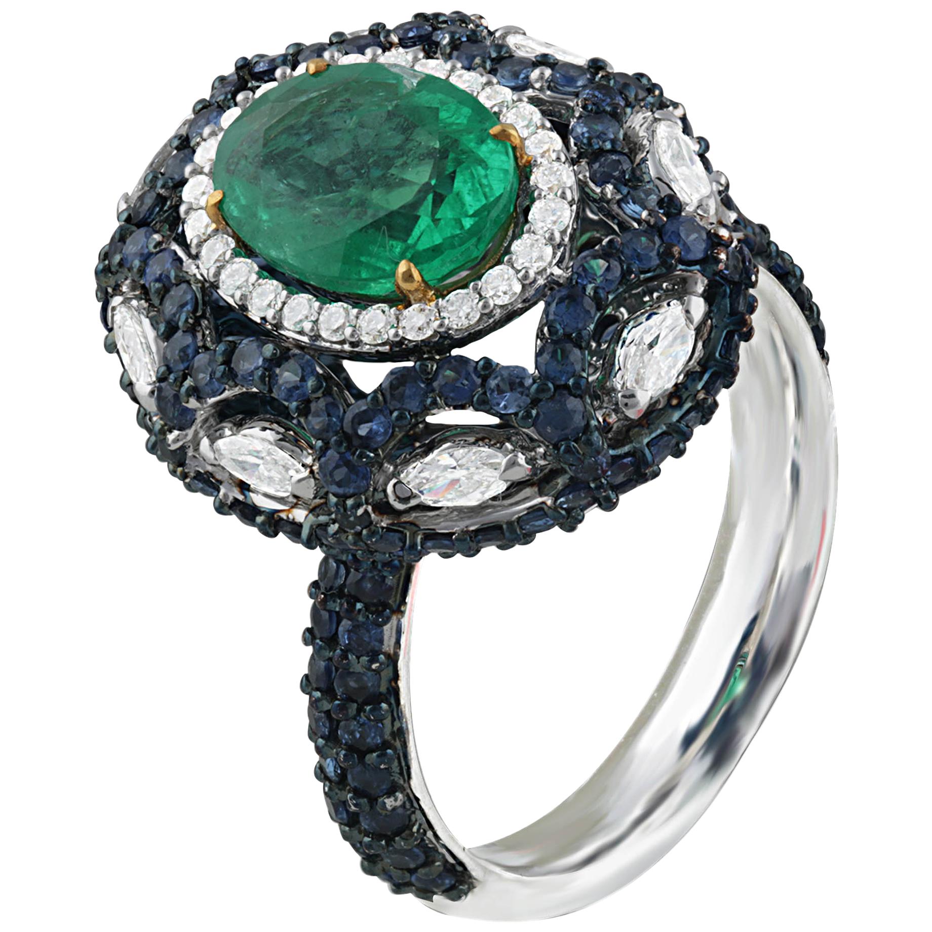 Studio Rêves 1.73 Oval Emerald with Diamonds and Blue Sapphire Ring in 18K Gold For Sale