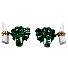 18 Karat Yellow Gold Malachite Elephant Heads Diamonds Cufflinks