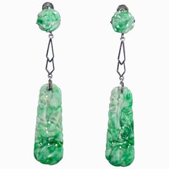 Art Deco Jade Drop Earrings 9 Carat White Gold, circa 1920