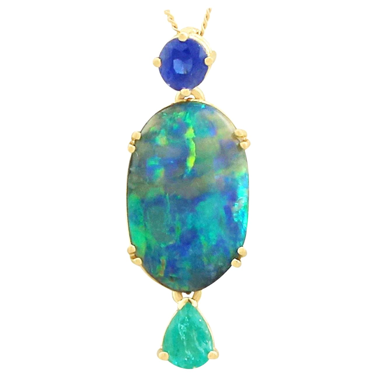 Vintage 1980s 4.06Ct Cabochon Cut Boulder Opal, Emerald and Sapphire Pendant