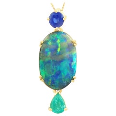 Vintage 1980s 4.06Ct Cabochon Cut Boulder Opal, Emerald and Sapphire Pendant