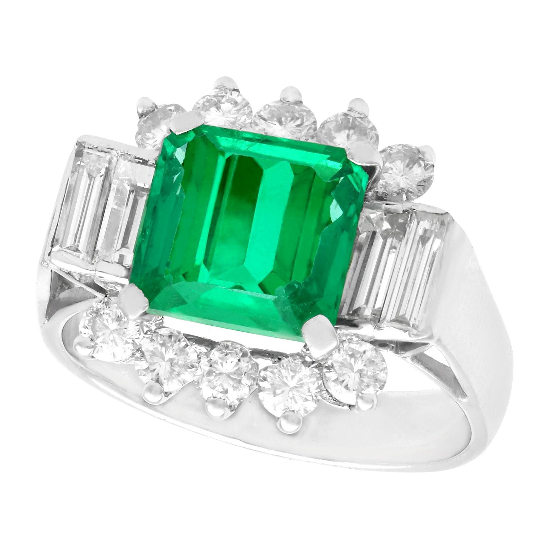 Vintage 1970s 3.05 Carat Emerald Diamond White Gold Cocktail Ring For Sale