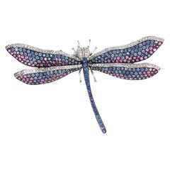 Contemporary Dragonfly Multicolored Blue and Pink Sapphire Diamond Brooch