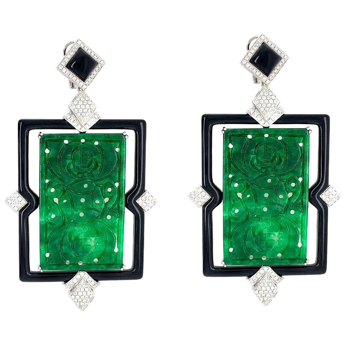 18 Karat Gold Large Sized Jade Onyx Earrings For Sale