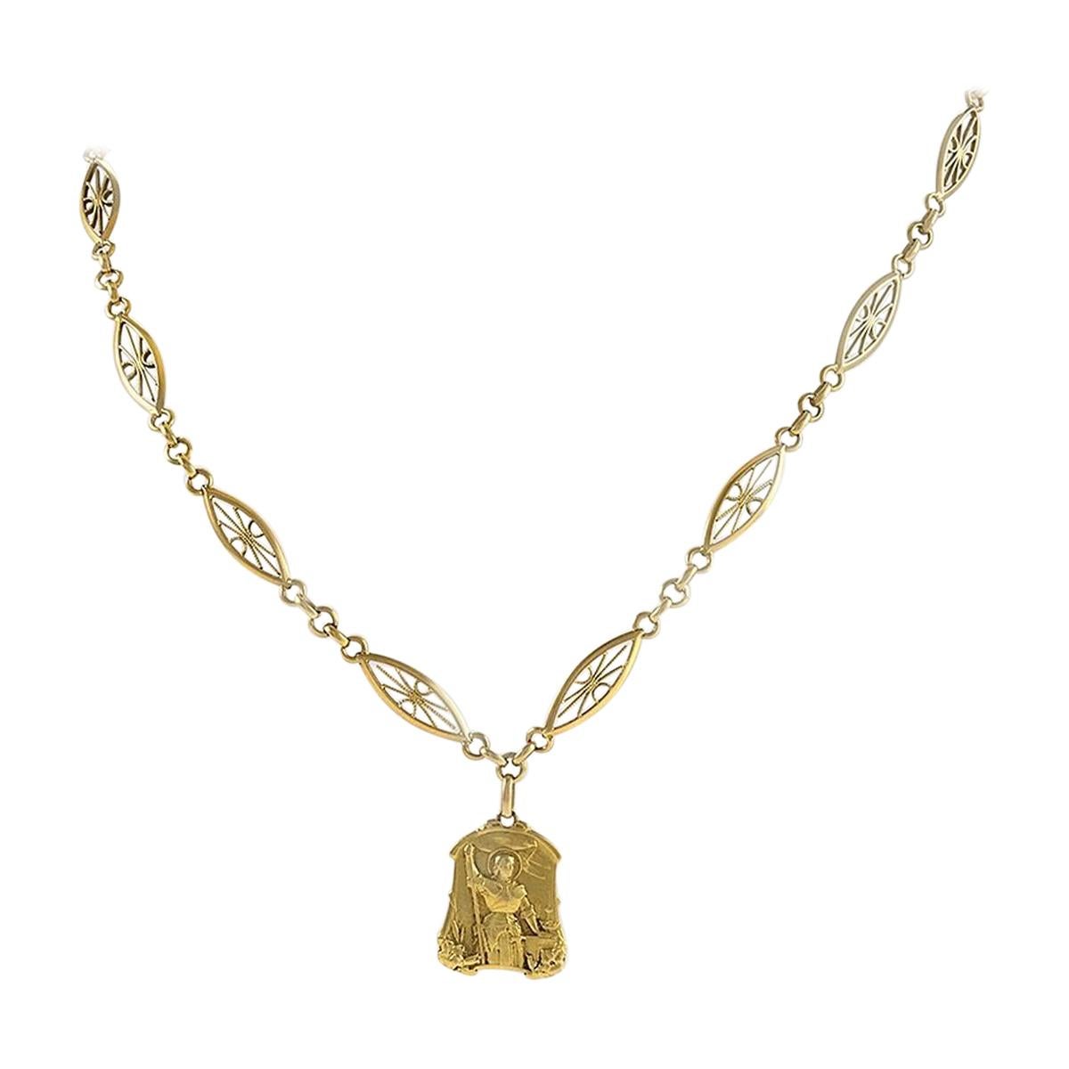 Gold Joan of Arc Long Chain Medallion Necklace 