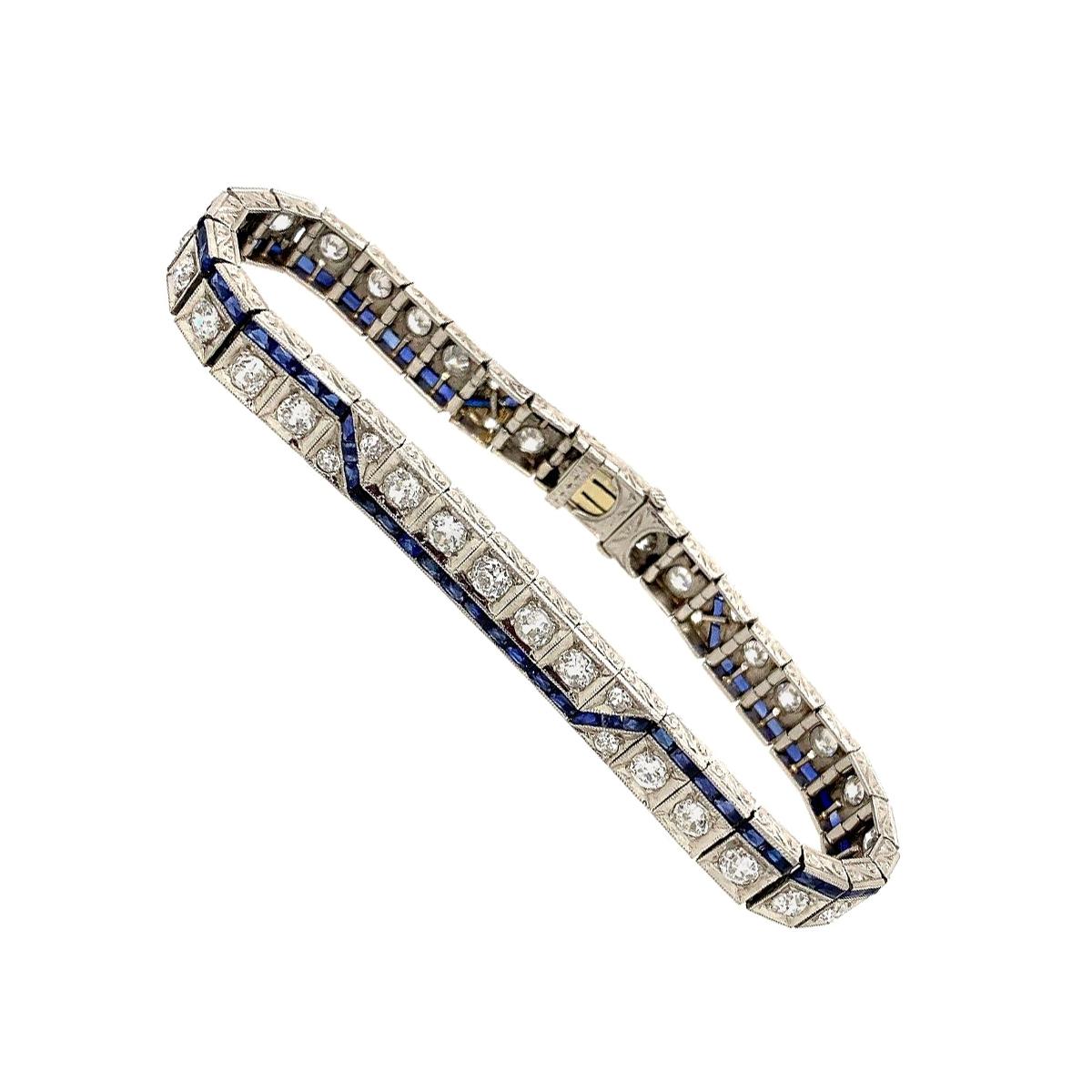 Art Deco 1920s Platinum Diamond Synthetic Sapphire Bracelet For Sale