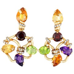 Chanel Diamond, Amethyst, Garnet, Citrine, and Peridot Yellow Gold Earrings