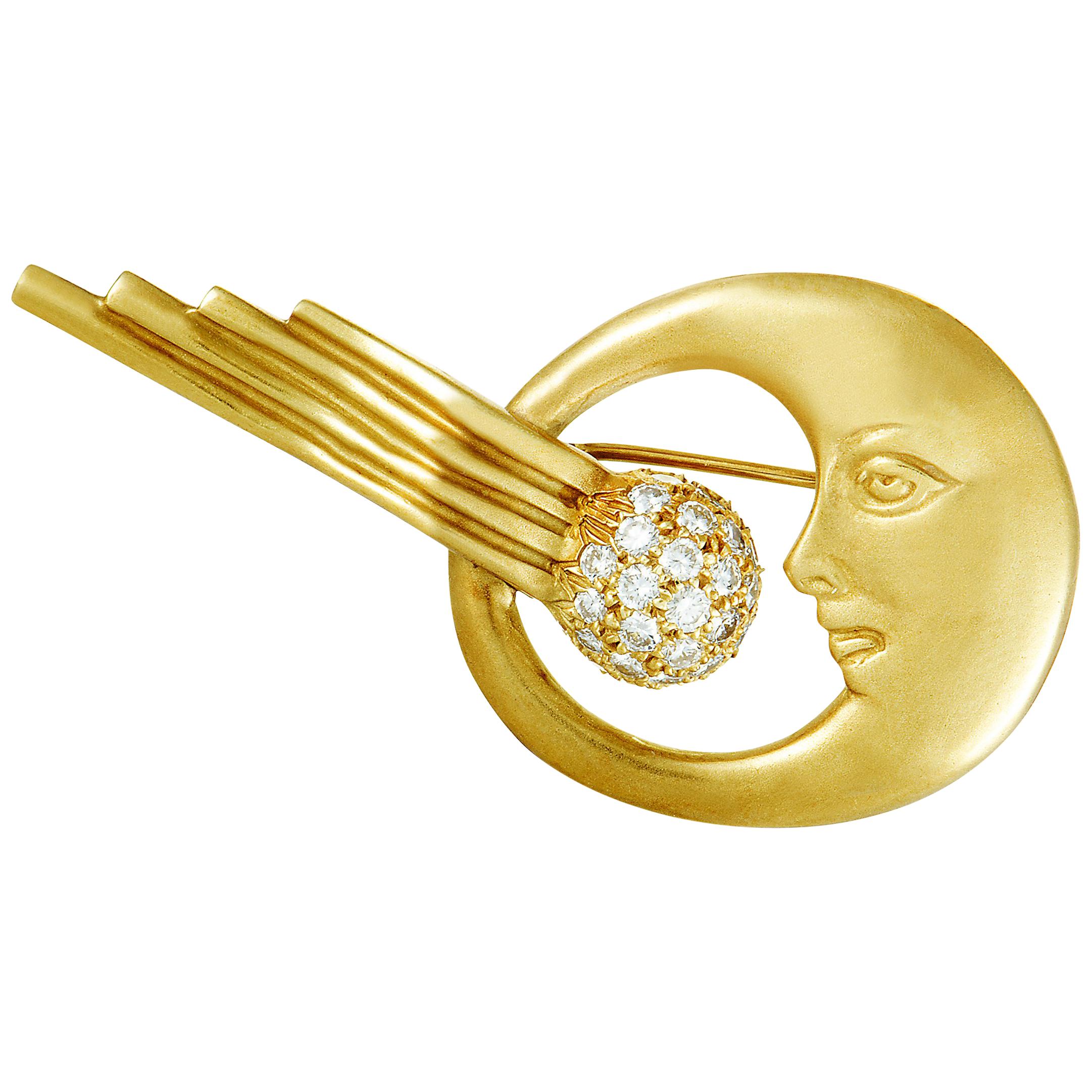 Kieselstein-Cord Diamond Crescent Moon Comet Yellow Gold Brooch