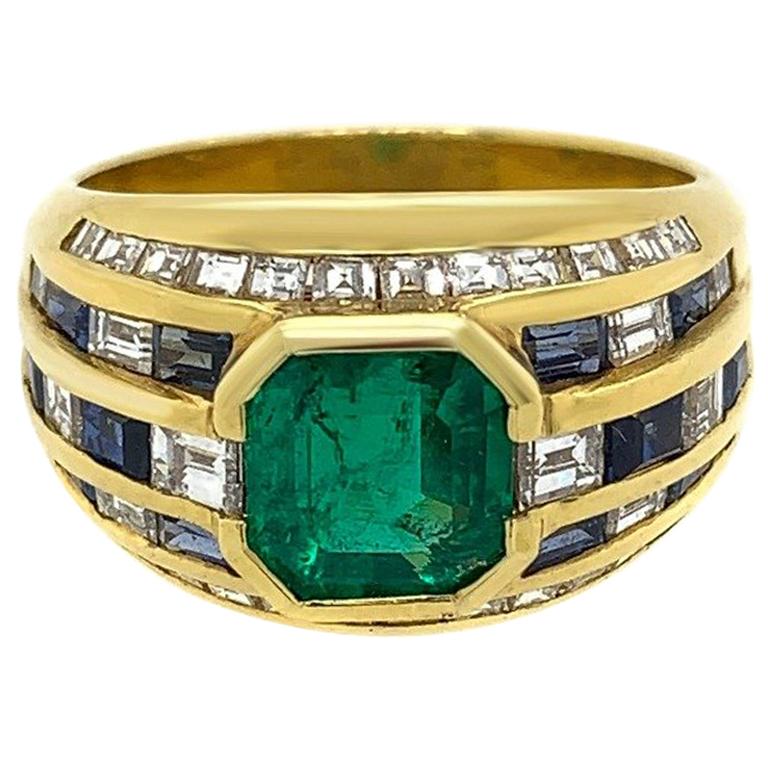 18 Karat Yellow Gold Diamond Emerald and Sapphire Ring