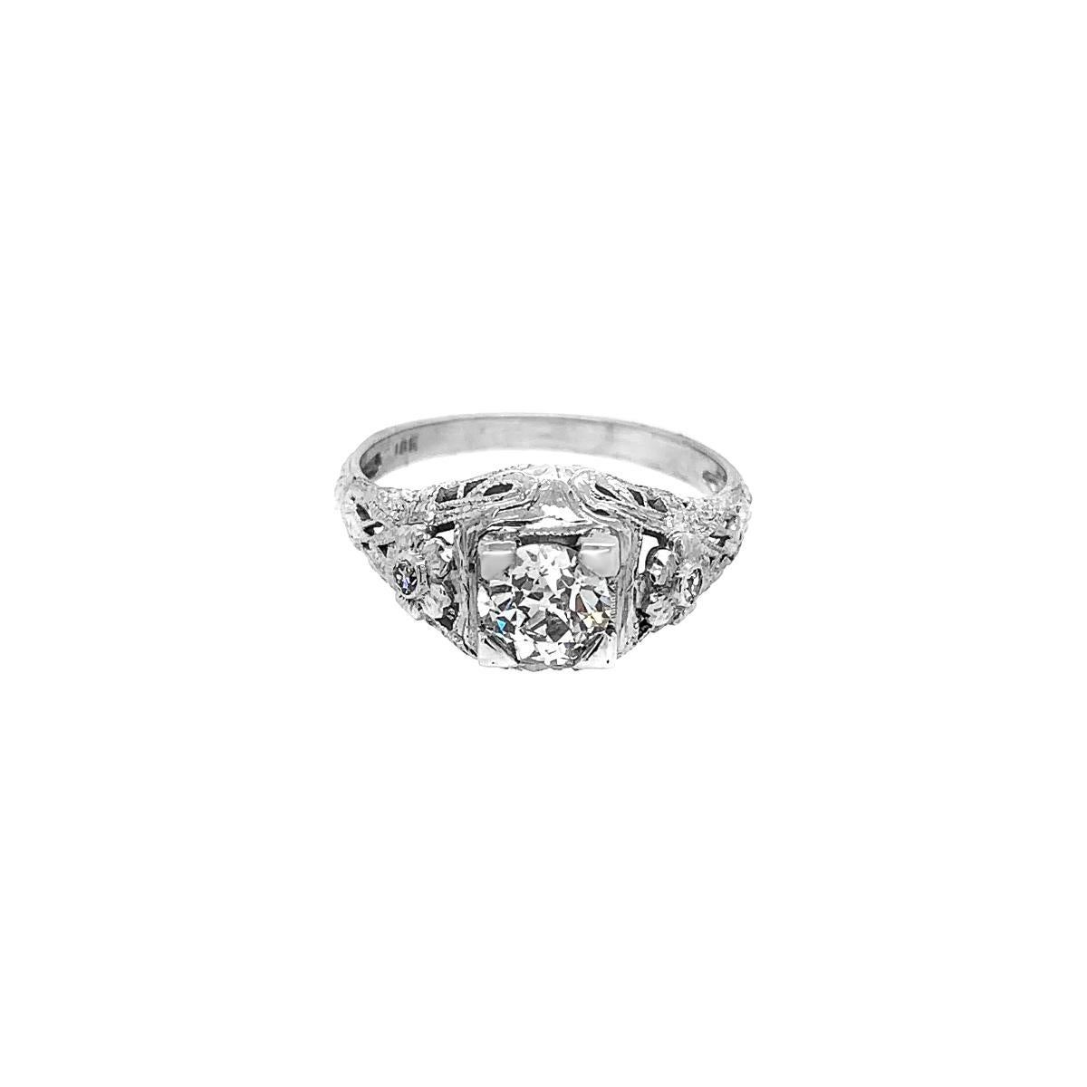 Art Deco 18 Karat White Gold Filigree Centre Ring Old European Cut Diamond Ring For Sale