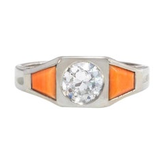 French Art Deco White Gold, Coral, and Diamond Ring