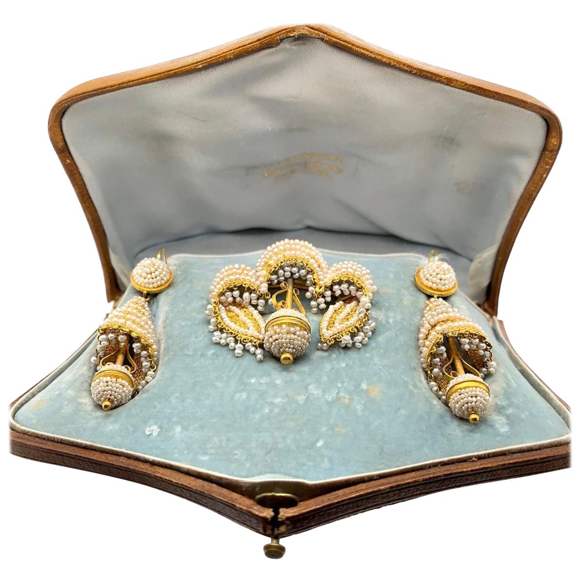 Victorian Natural Pearl 18 Karat Gold Brooch and Earring Set For Sale