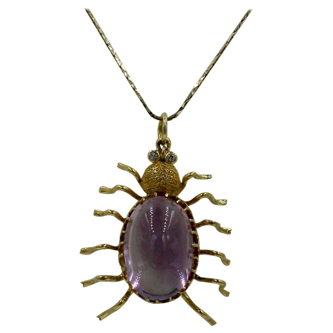 Antique 10 Carat Amethyst Diamond Spider Insect Pendant Necklace Vintage Gold For Sale