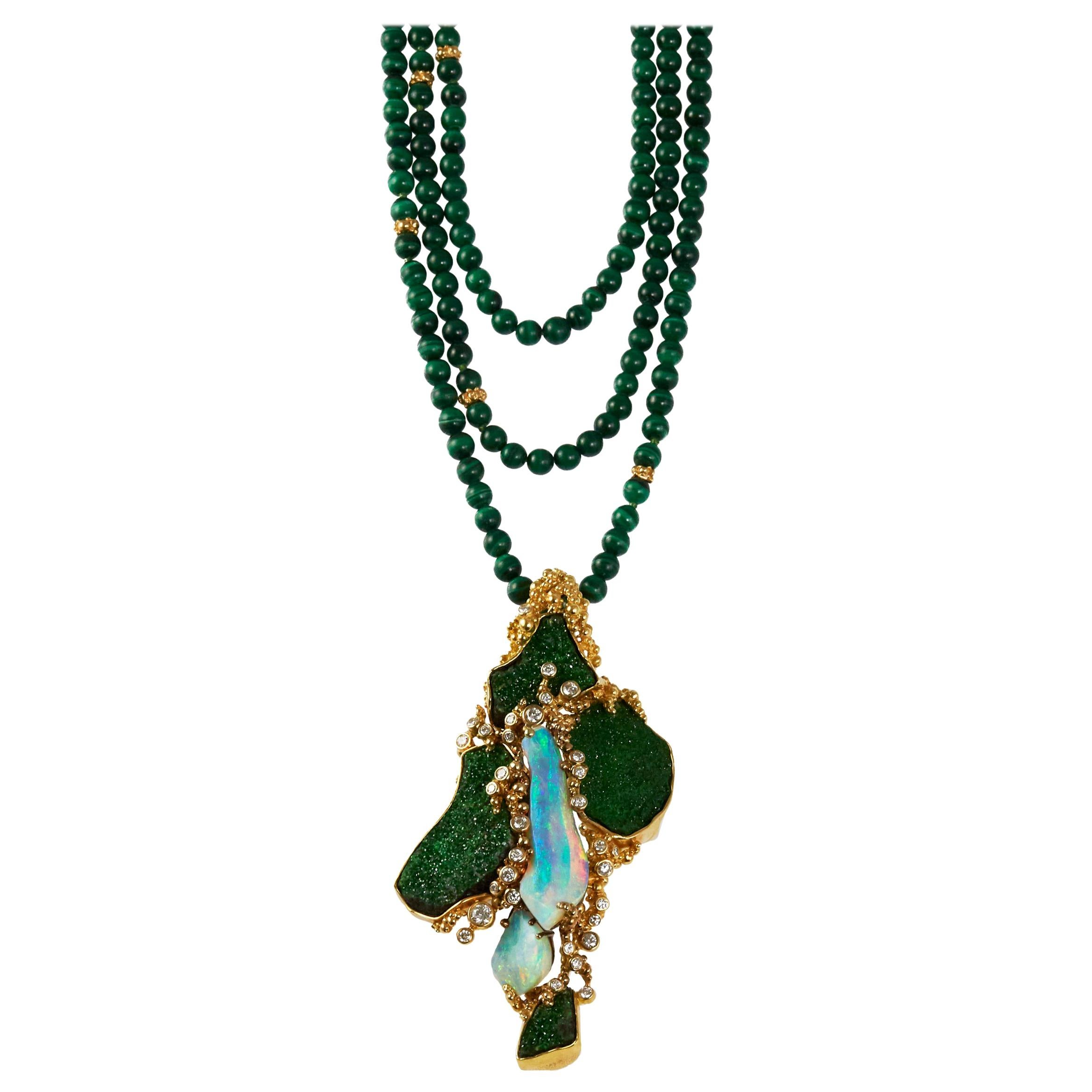 1970s Gilbert Albert Malachite, Opal, Diamond and Gold Necklace