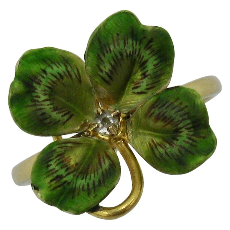 Diamond Enamel Clover Shamrock Flower Ring Antique Victorian 14 Karat Gold