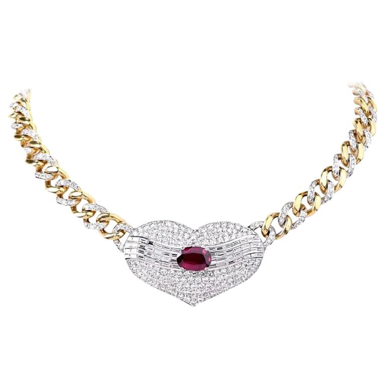 1970s Oval Ruby Diamond Heart Pendant Link Choker Necklace