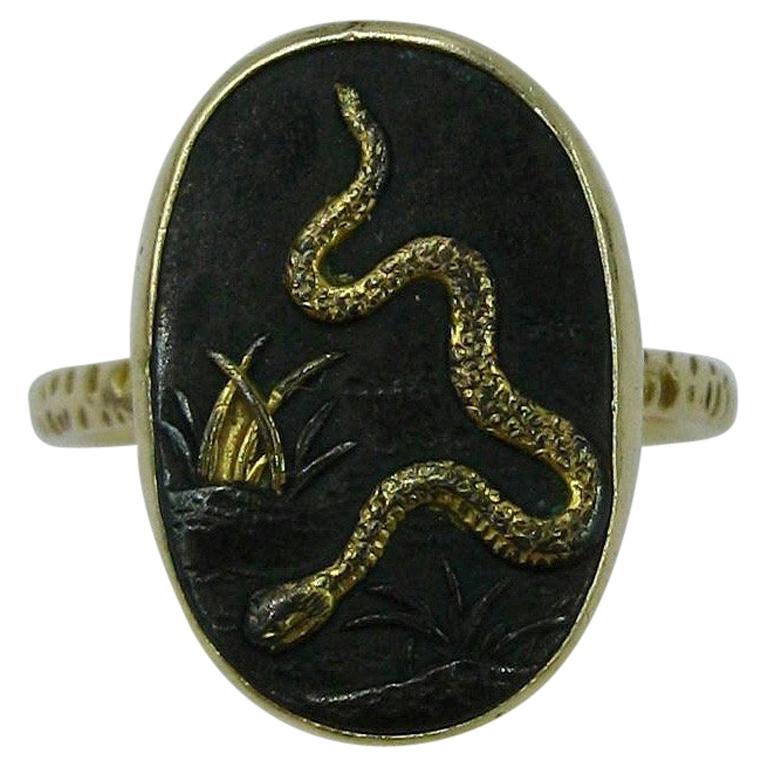 Rare Japan Shakudo Snake Ring 14 Karat Gold Antique Victorian Samurai circa 1870