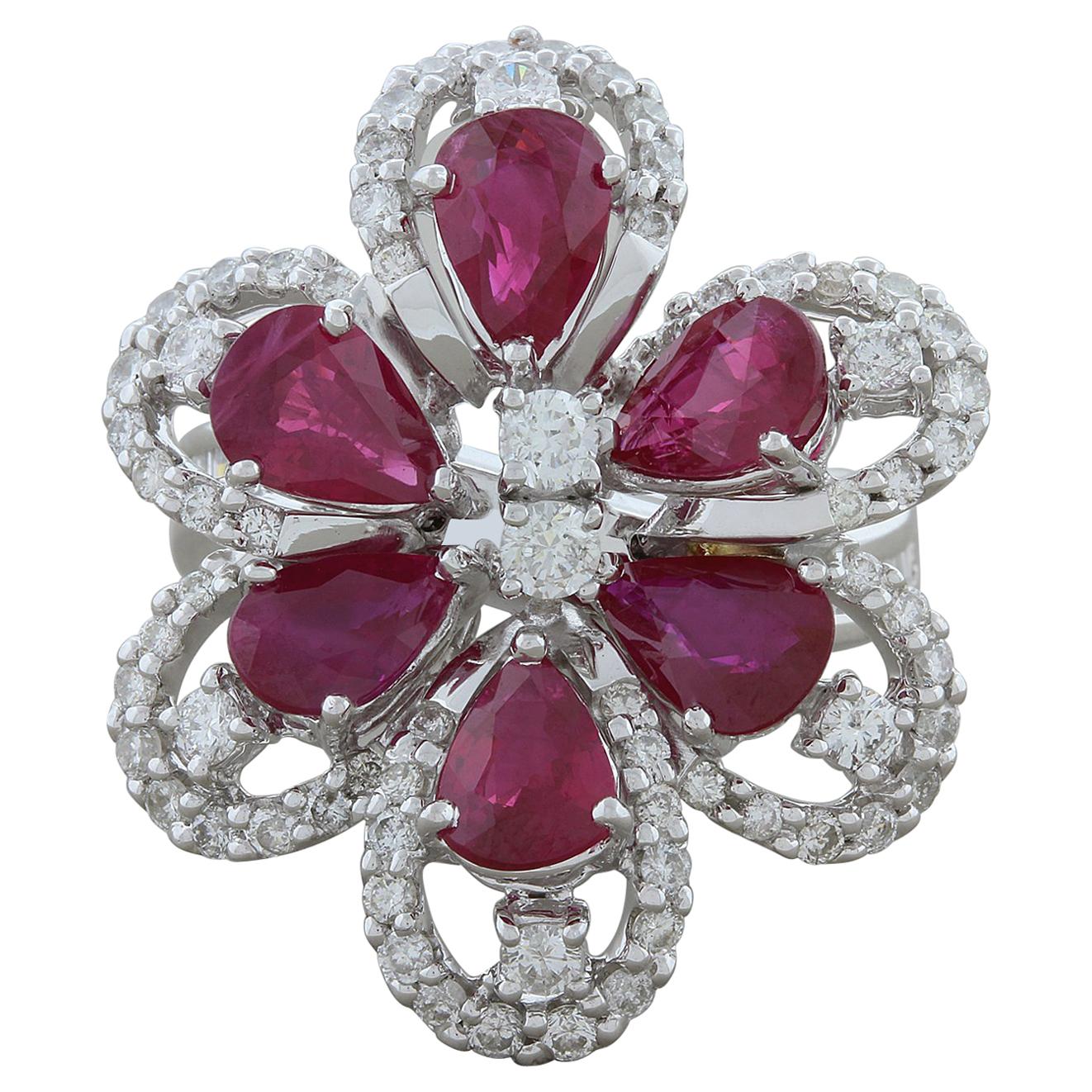 Ruby Diamond Gold Flower Cocktail Ring