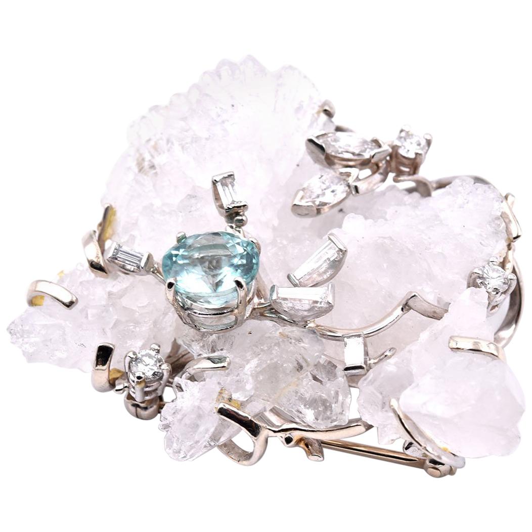 14 Karat White Diamond, Tourmaline and Crystal Quartz Vintage Pin For Sale