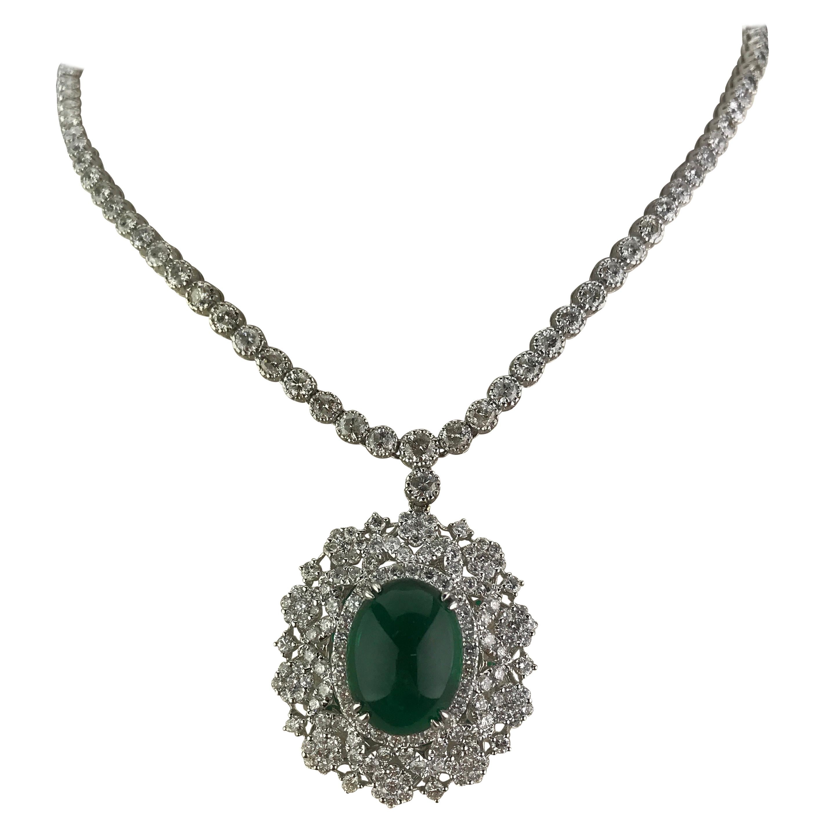 15.03 Carat Emerald Cabochon and Diamond Pendant Necklace For Sale