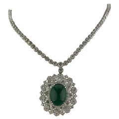 15.03 Carat Emerald Cabochon and Diamond Pendant Necklace