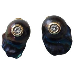 Michael Kneebone Black Baroque Peacock Pearl White Diamond Stud Earrings