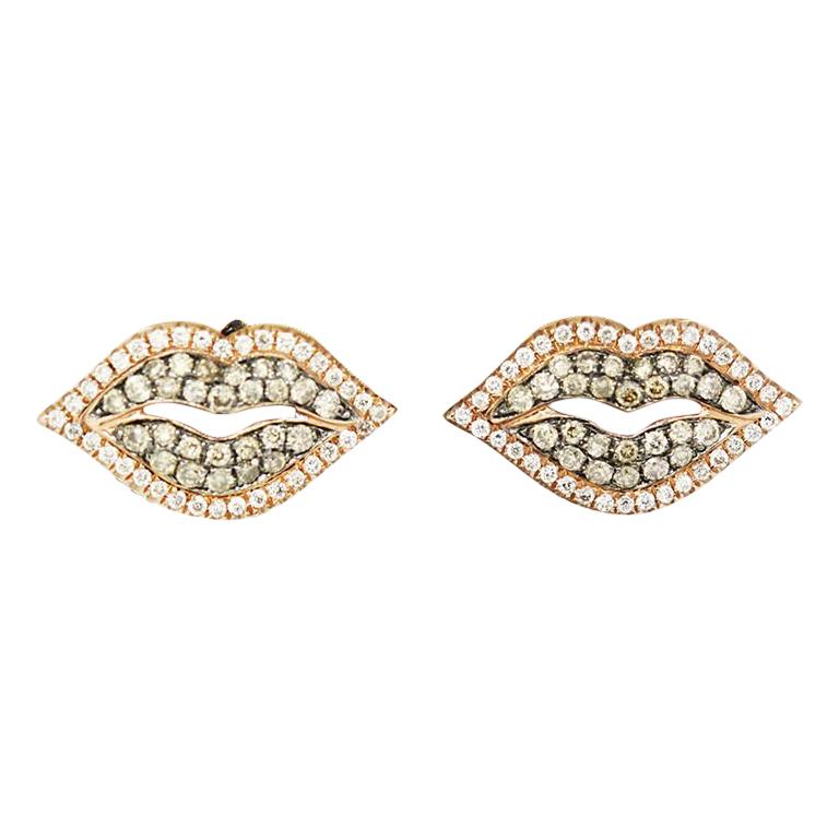 Morris & David 14 Karat Rose Gold 0.58 Carat Cognac Diamond Stud Lip Earrings For Sale