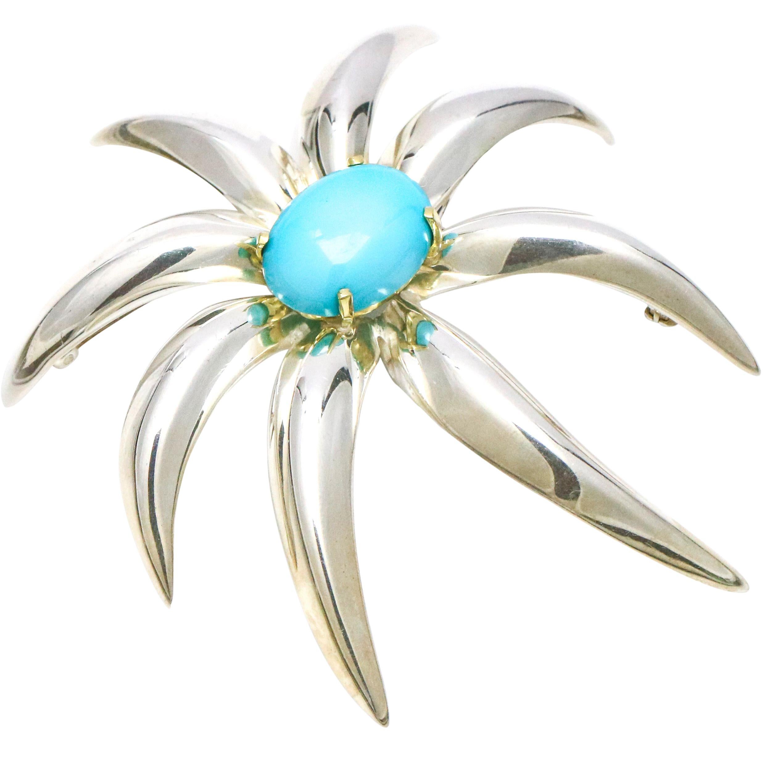 Tiffany & Co. 18 Karat Gold Sterling Silver Fireworks Persian Turquoise Brooch For Sale