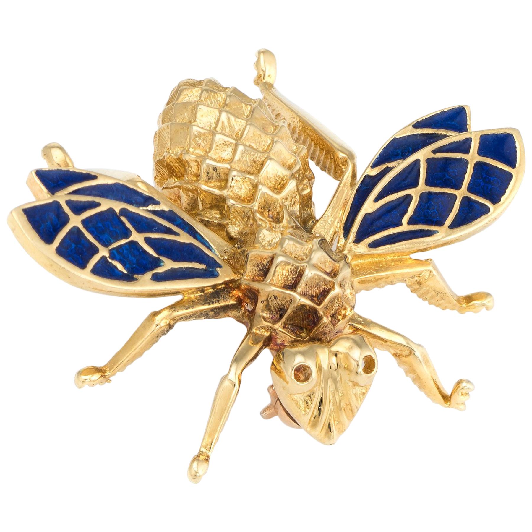 Vintage Bumble Bee Brooch Pin 14 Karat Gold Blue Enamel Wings Estate Jewelry