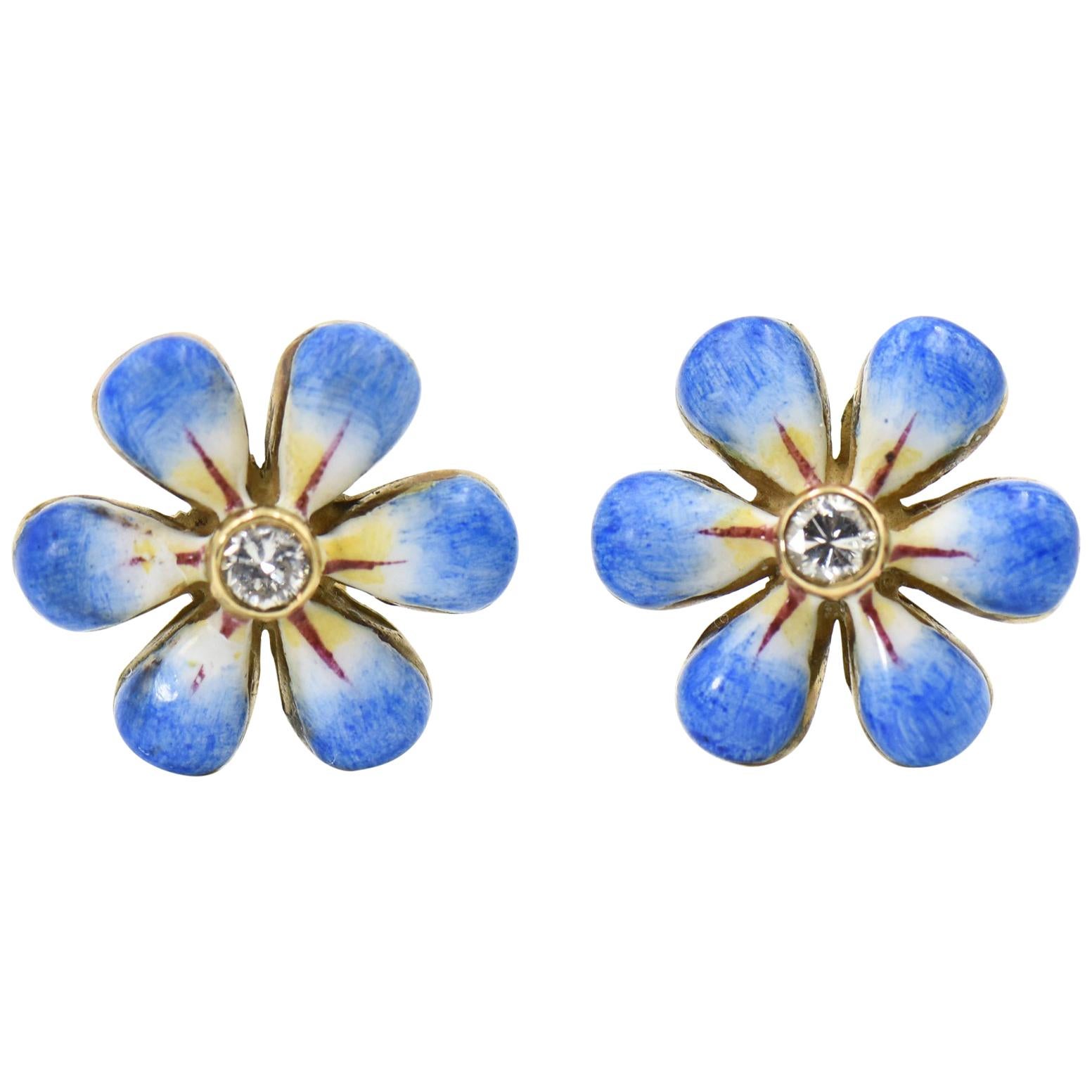 Blue Enamel Daisy Flower Diamond Gold Earrings by Sandra J. Sensations For Sale