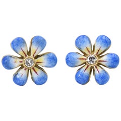 Retro Blue Enamel Daisy Flower Diamond Gold Earrings by Sandra J. Sensations