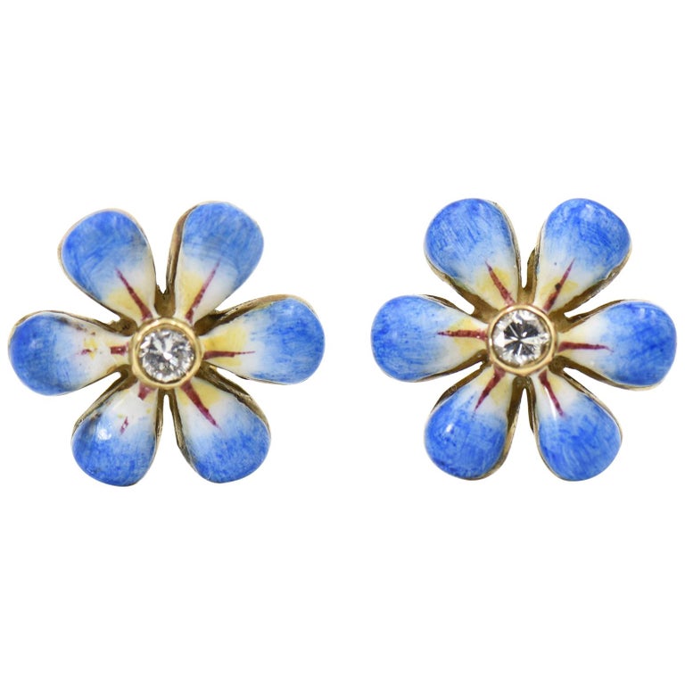 Blue Enamel Daisy Flower Diamond Gold Earrings by Sandra J. Sensations ...