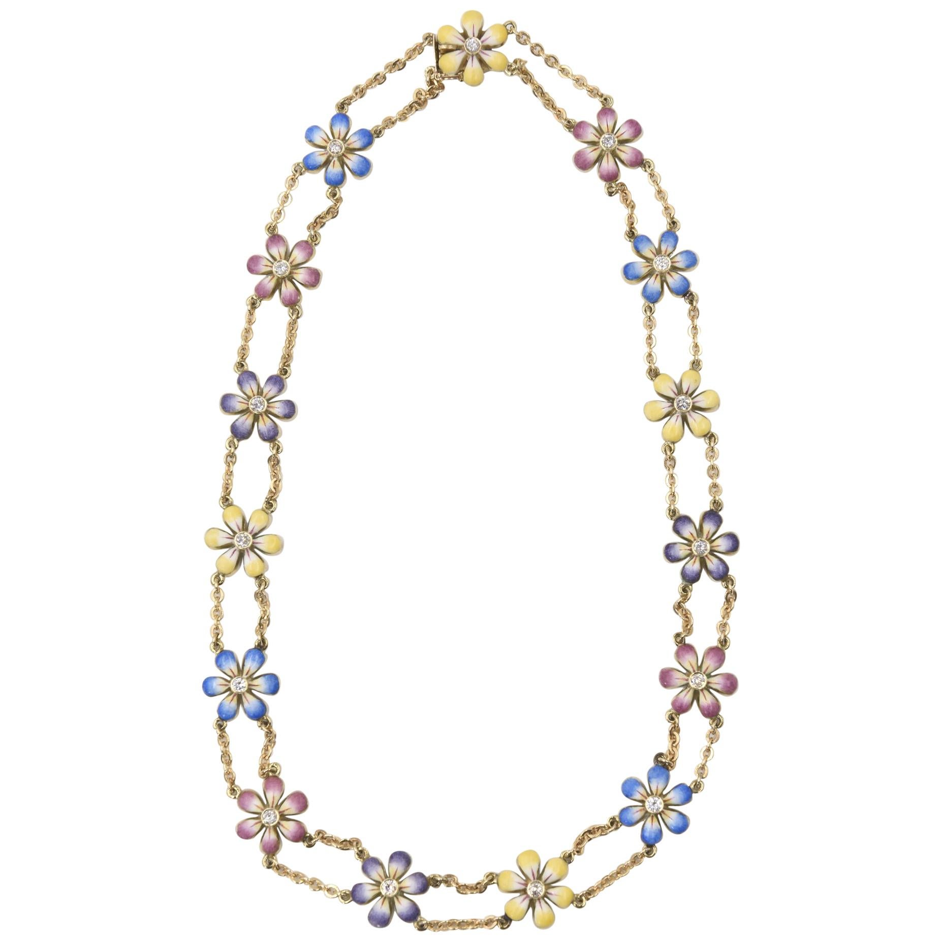 Enamel and Diamond Daisy Flower Gold Necklace by Sandra J Sensations For Sale