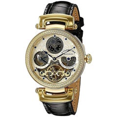 Stührling Yellow Magistrate Skeleton Dual Time Gold Tone Watch