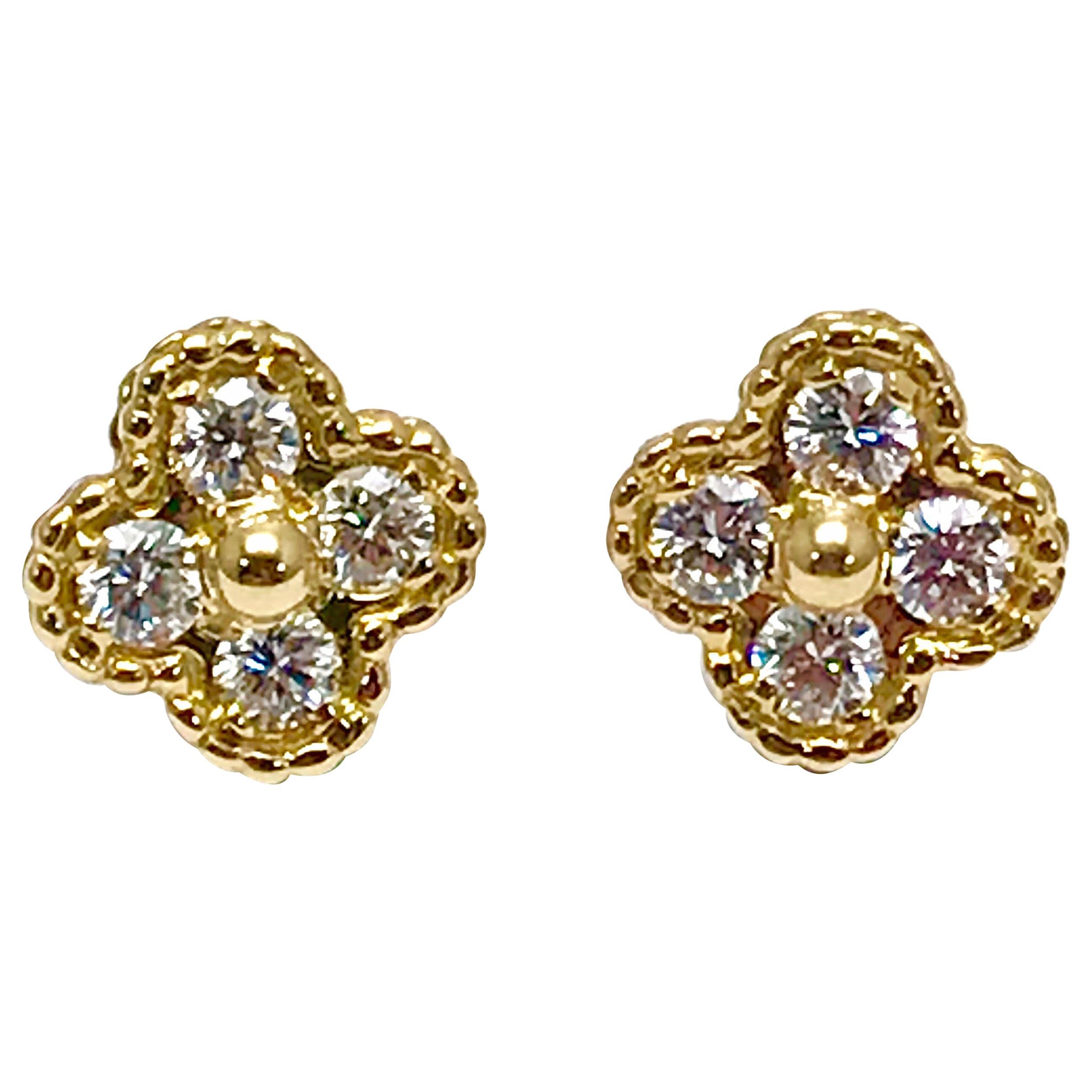 Vintage Van Cleef & Arpels Alhambra Diamond and 18 Karat Yellow Gold Earrings