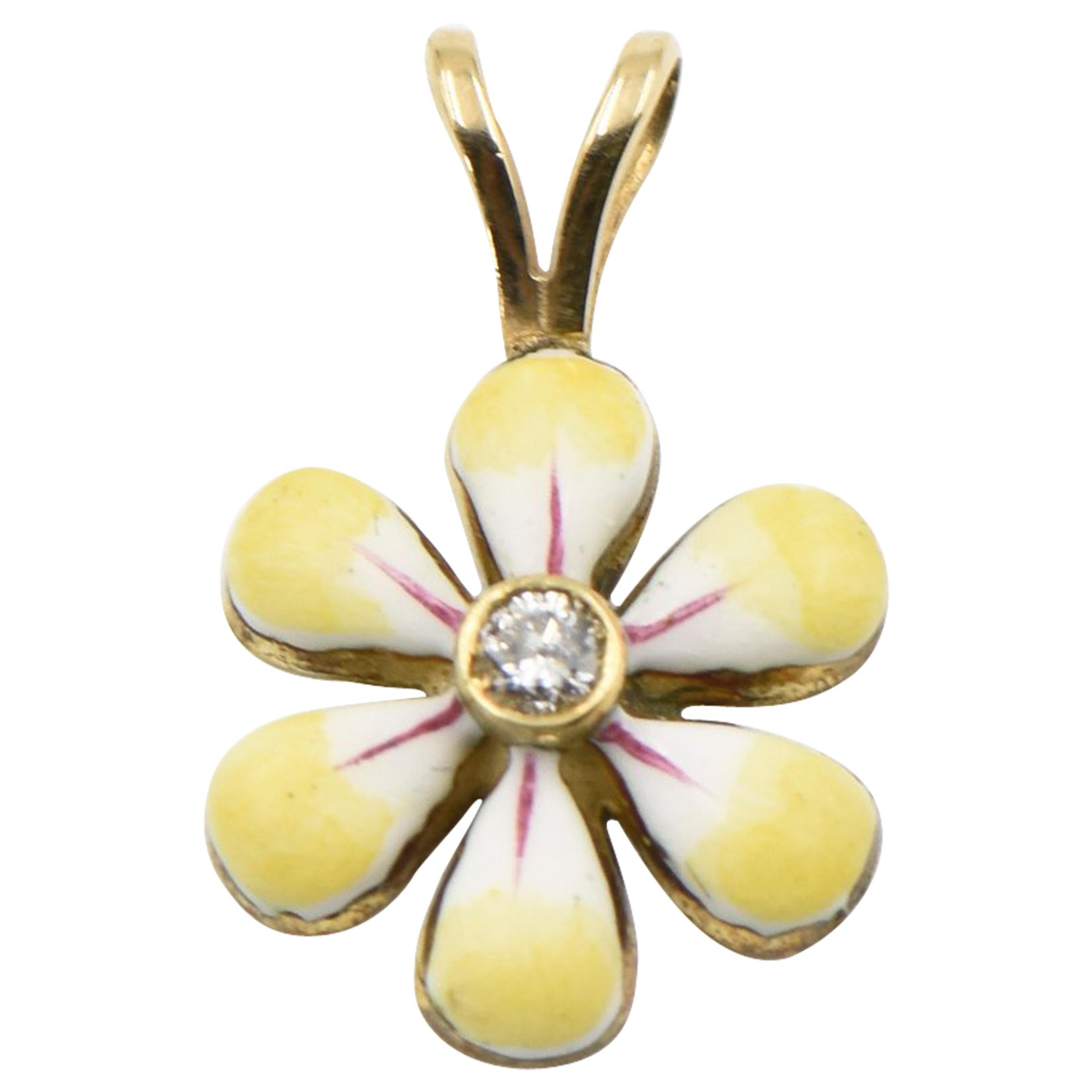 Yellow Enamel Daisy Flower Diamond Gold Pendant by Sandra J Sensations For Sale