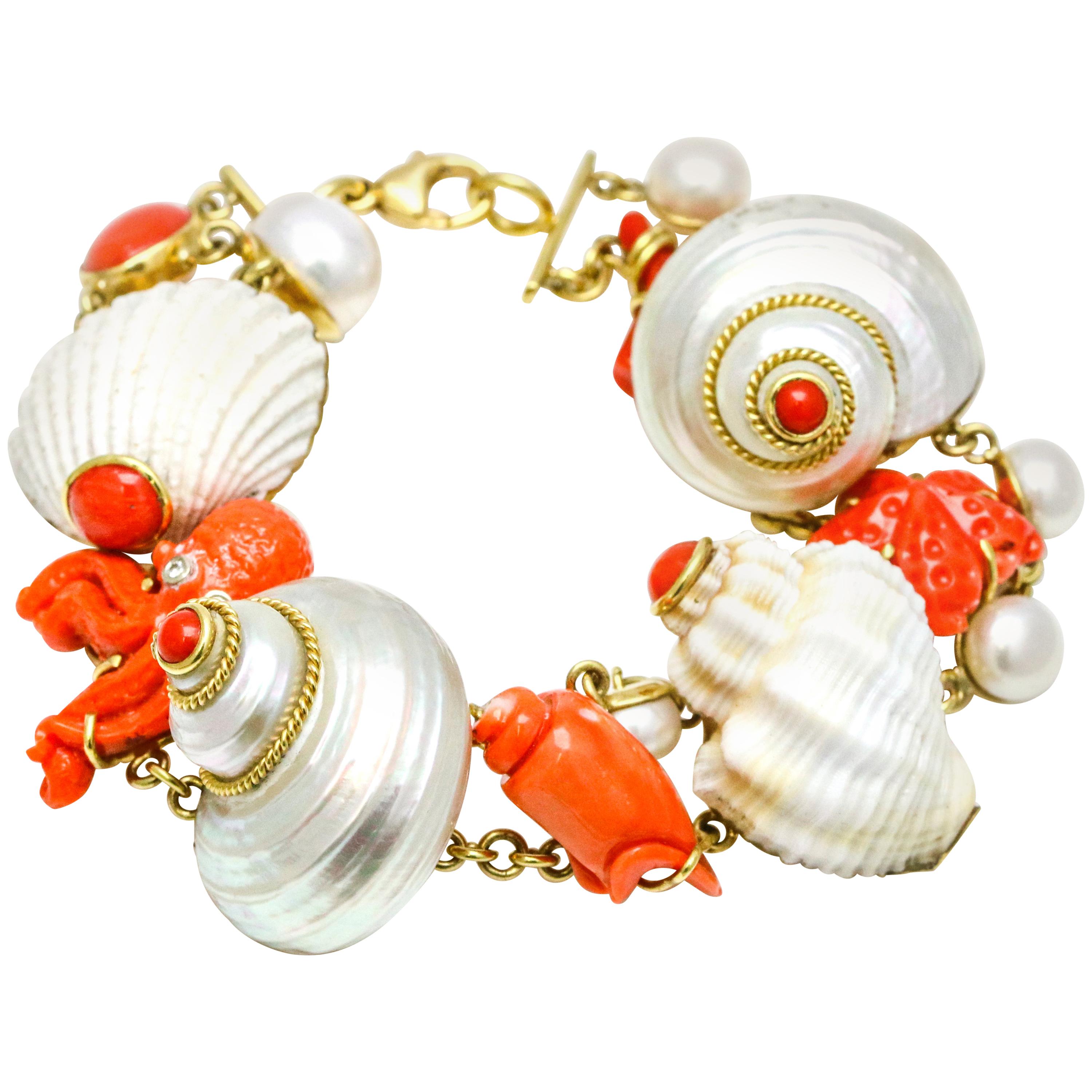 MAZ 18 Karat Yellow Gold Coral Shell Pearl Diamond Charm Bracelet For Sale