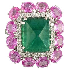 Set in 18 Karat Gold, Sugarloaf Emerald Pink Sapphire and Diamonds Cocktail Ring