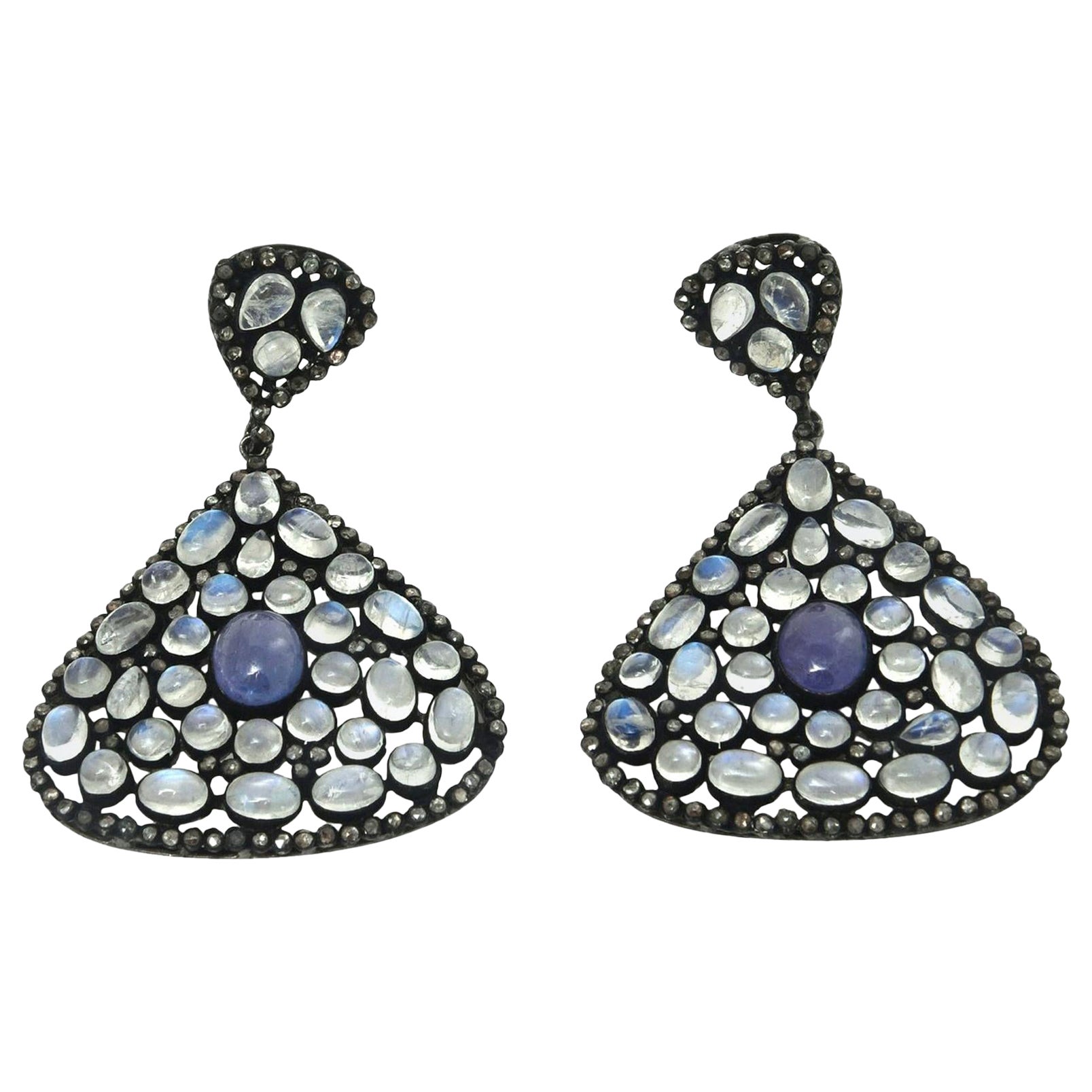 Moonstone, Tanzanite and Black Diamond Dangle Blue, Purple Pierced Earrings For Sale