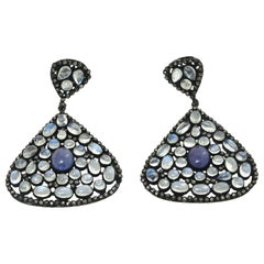 Moonstone, Tanzanite and Black Diamond Dangle Blue, Purple Pierced Earrings