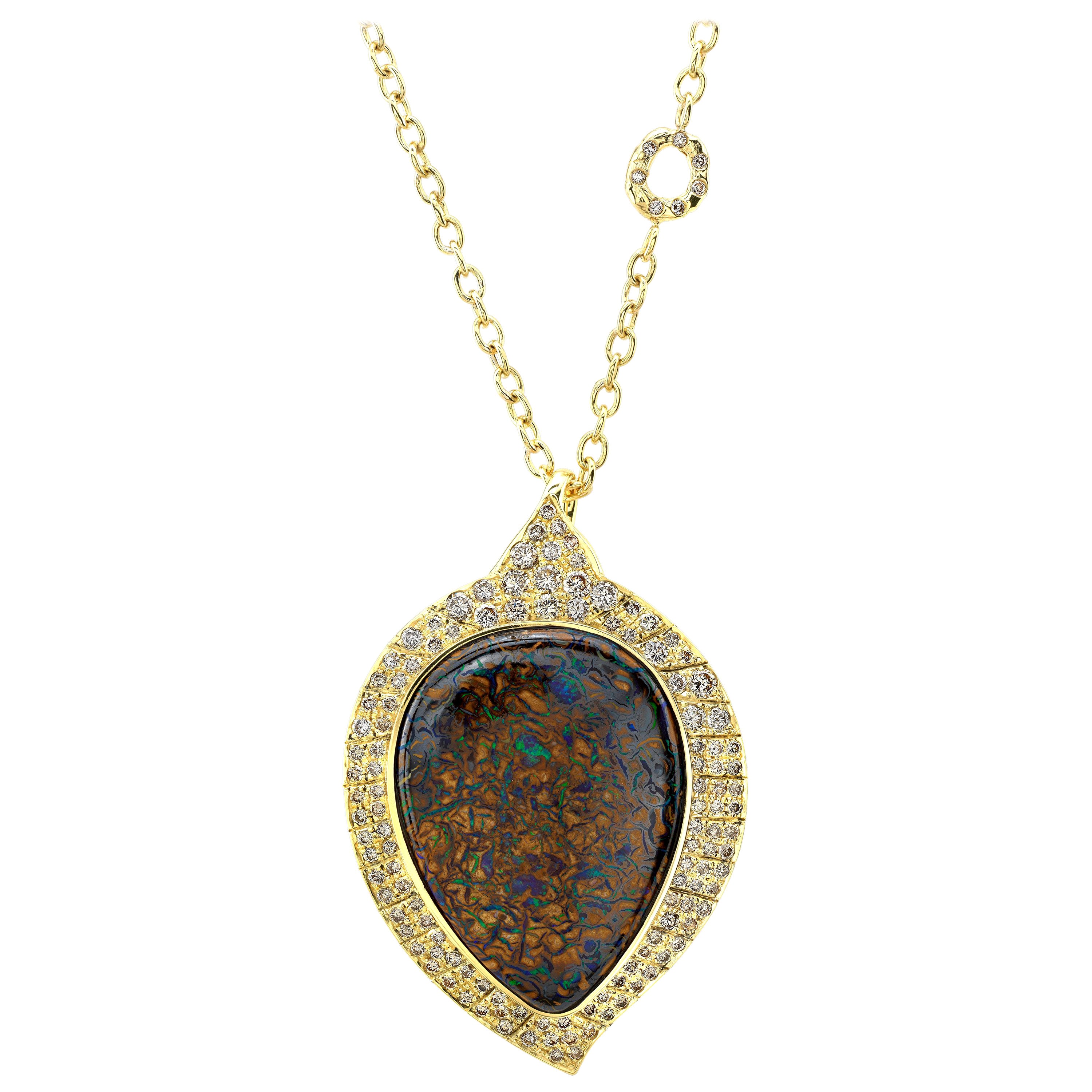 Boulder Opal Pendant 18K Yellow Gold Unisex Necklace for Men Koroit