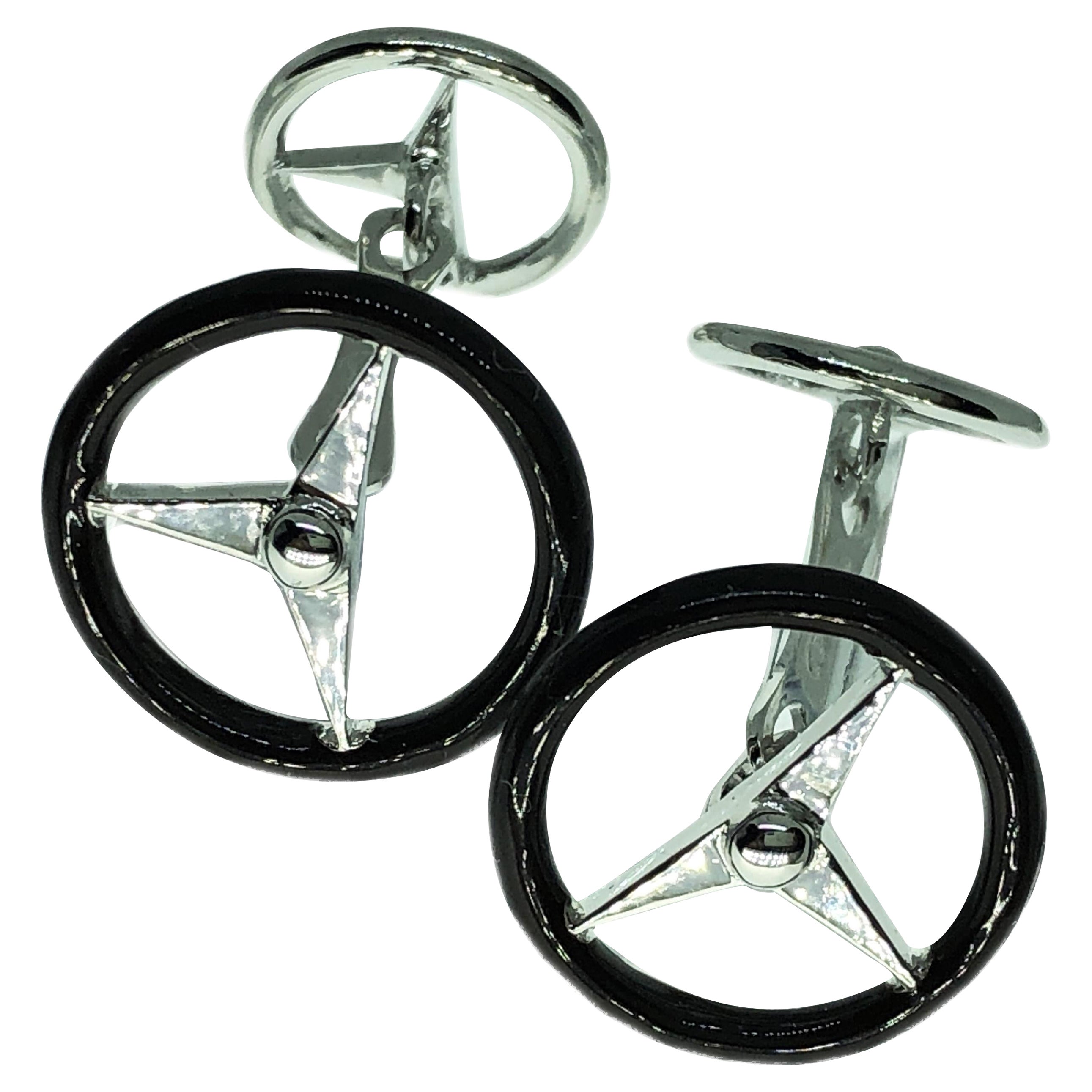 Berca Black Hand Enameled Steering Wheel Shaped Sterling Silver Cufflinks For Sale