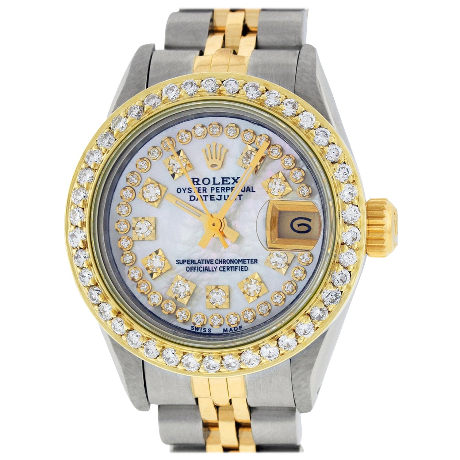 Rolex Women's Datejust Watch Steel / 18K White Gold MOP Diamond Dial For Sale at 1stDibs