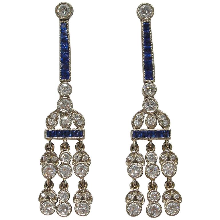 Diamond Sapphire Platinum Chandelier Earrings For Sale at 1stdibs