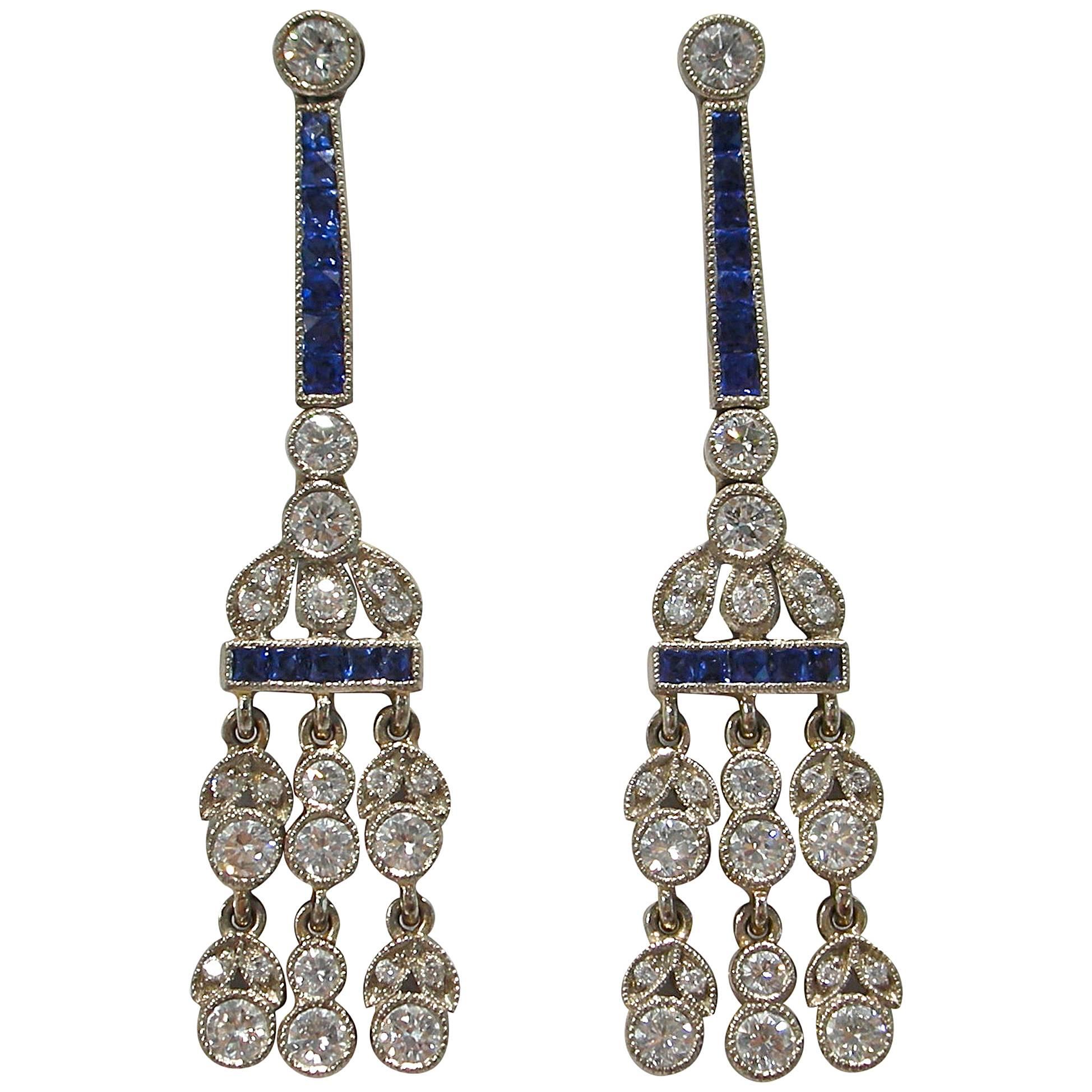 Jona White Diamond Sapphire Platinum Chandelier Earrings
