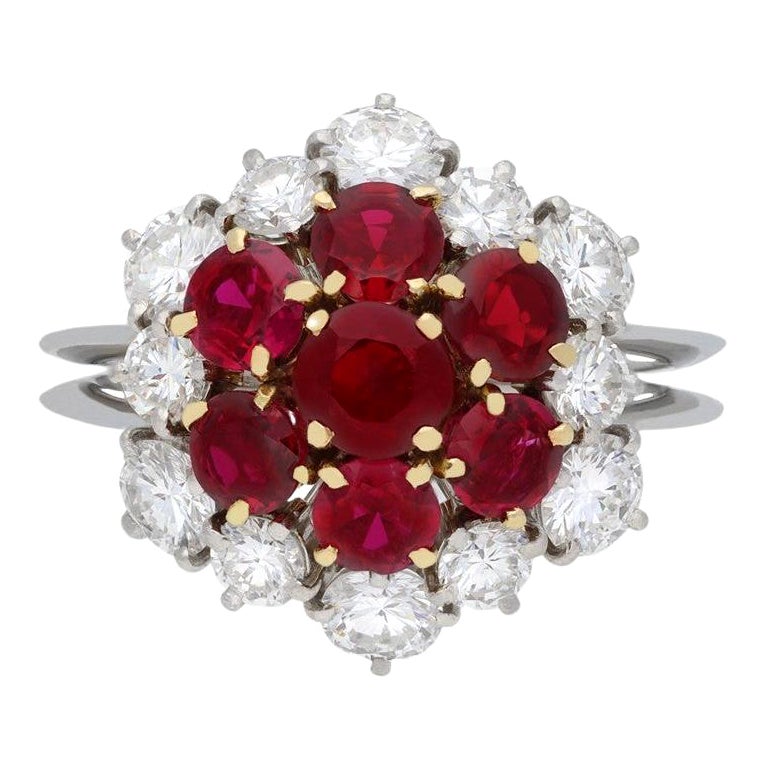 Boucheron Ruby and Diamond Cluster Ring, French, circa 1970 For Sale