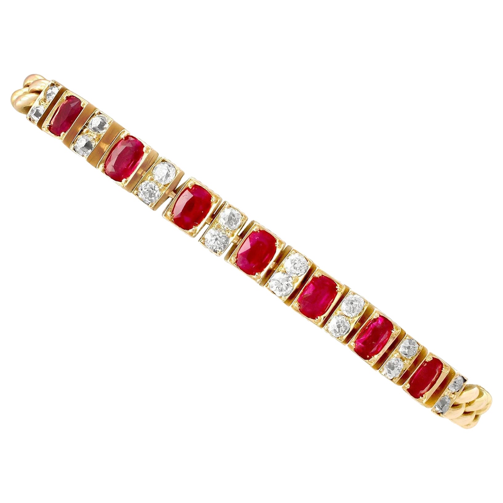 1930s Antique 3.30 Carat Ruby and 1.00 Carat Diamond Yellow Gold Line Bracelet For Sale