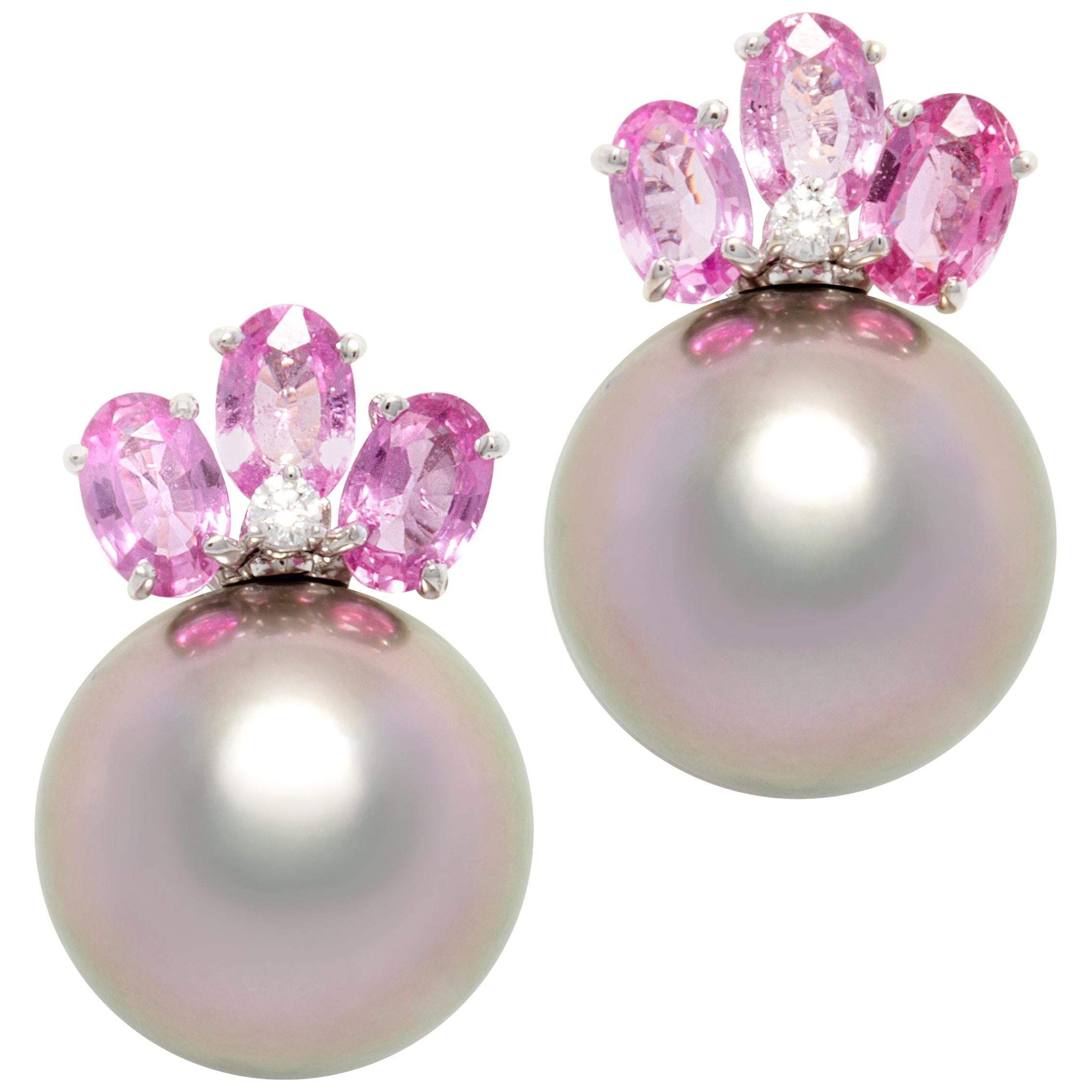 Orecchini a clip con perle di Tahiti e zaffiri rosa da 14,5 mm Design/One di Ella Gafter