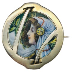 Antique Art Nouveau Maiden with Veil Enamel Painting Brooch Enamel Silver Guilt